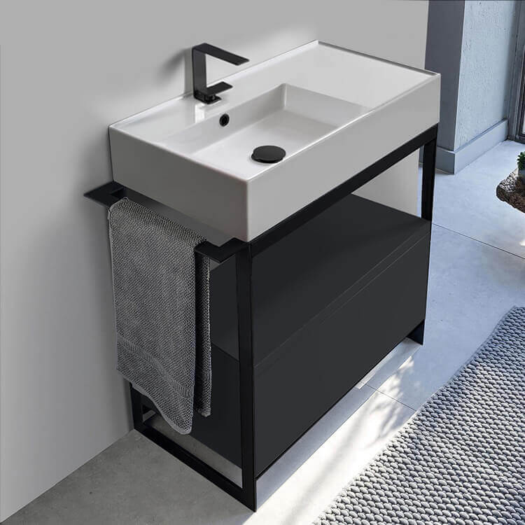 Console Bathroom Vanity, Scarabeo 5115-SOL1-49, Console Sink Vanity With Ceramic Sink and Matte Black Drawer
